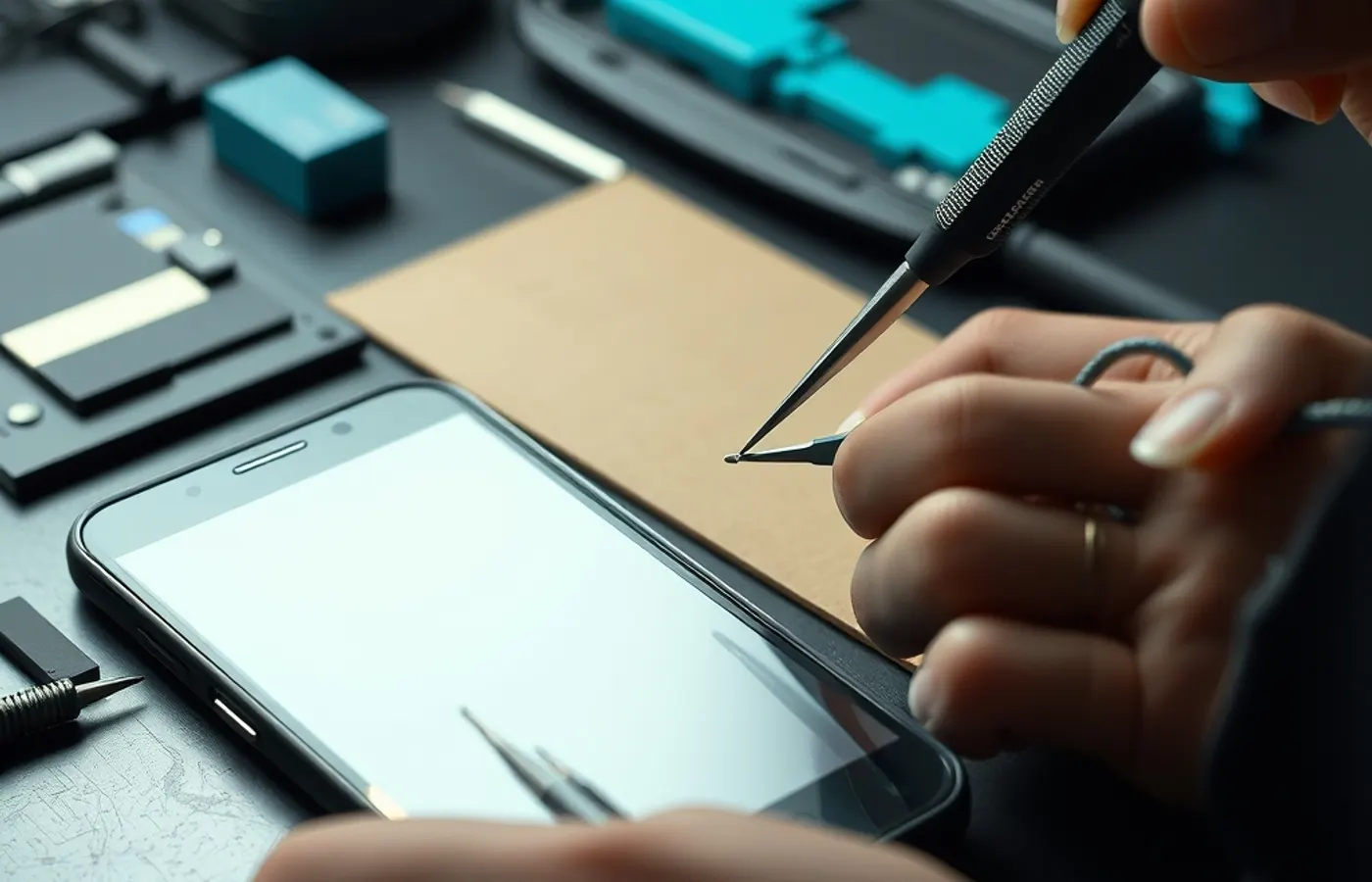 Établi de réparation avec un téléphone ouvert