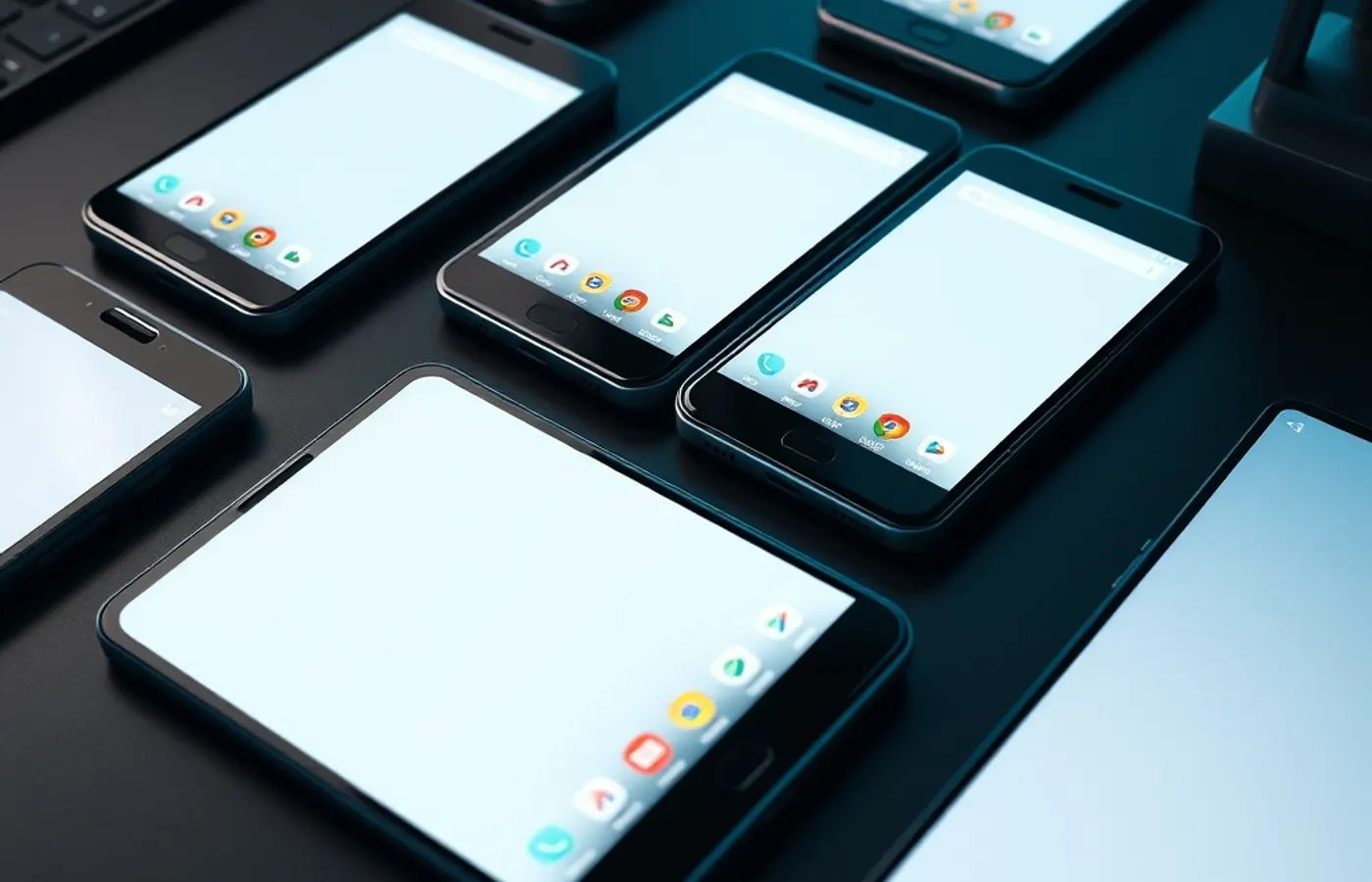 Plusieurs smartphones Android alignés