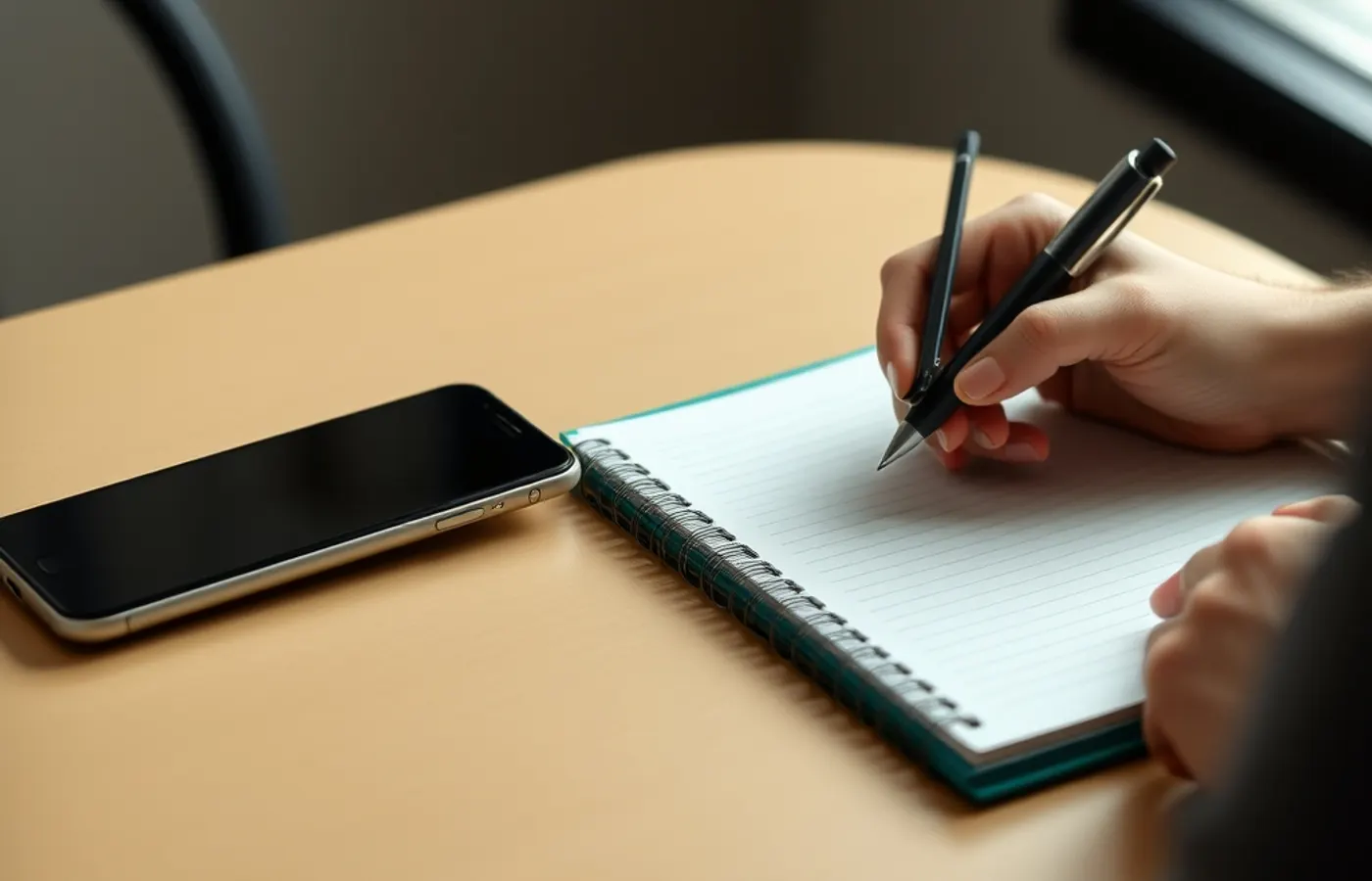 Un smartphone et un carnet posés sur un bureau