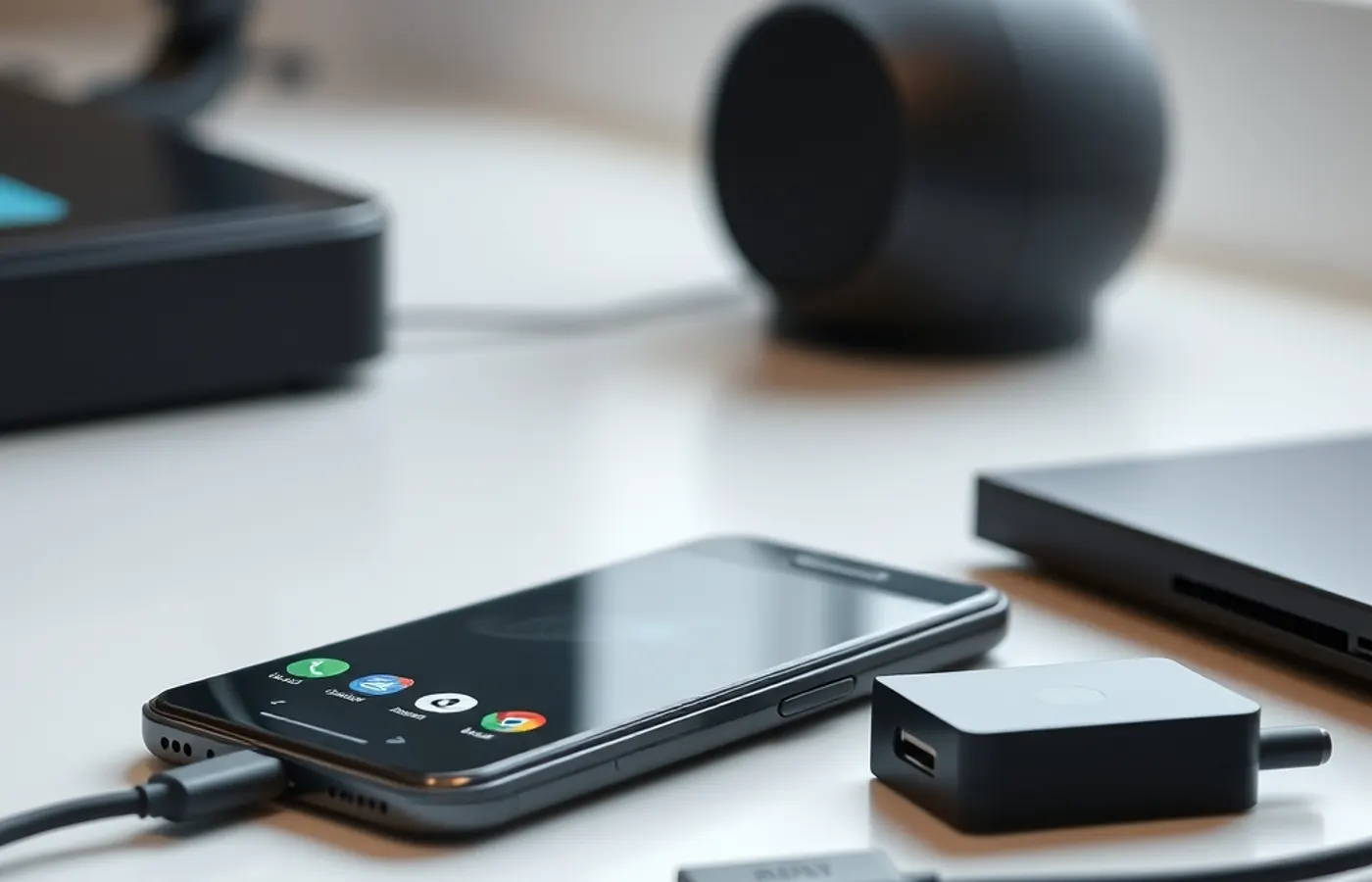 Un smartphone Android sur un bureau avec son câble