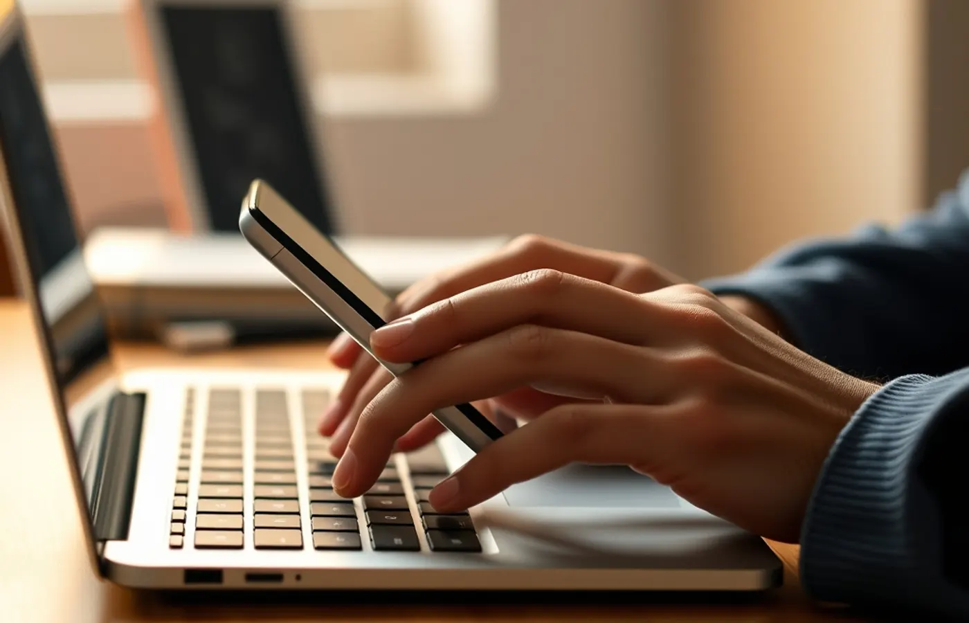 Mains tenant un smartphone devant un clavier